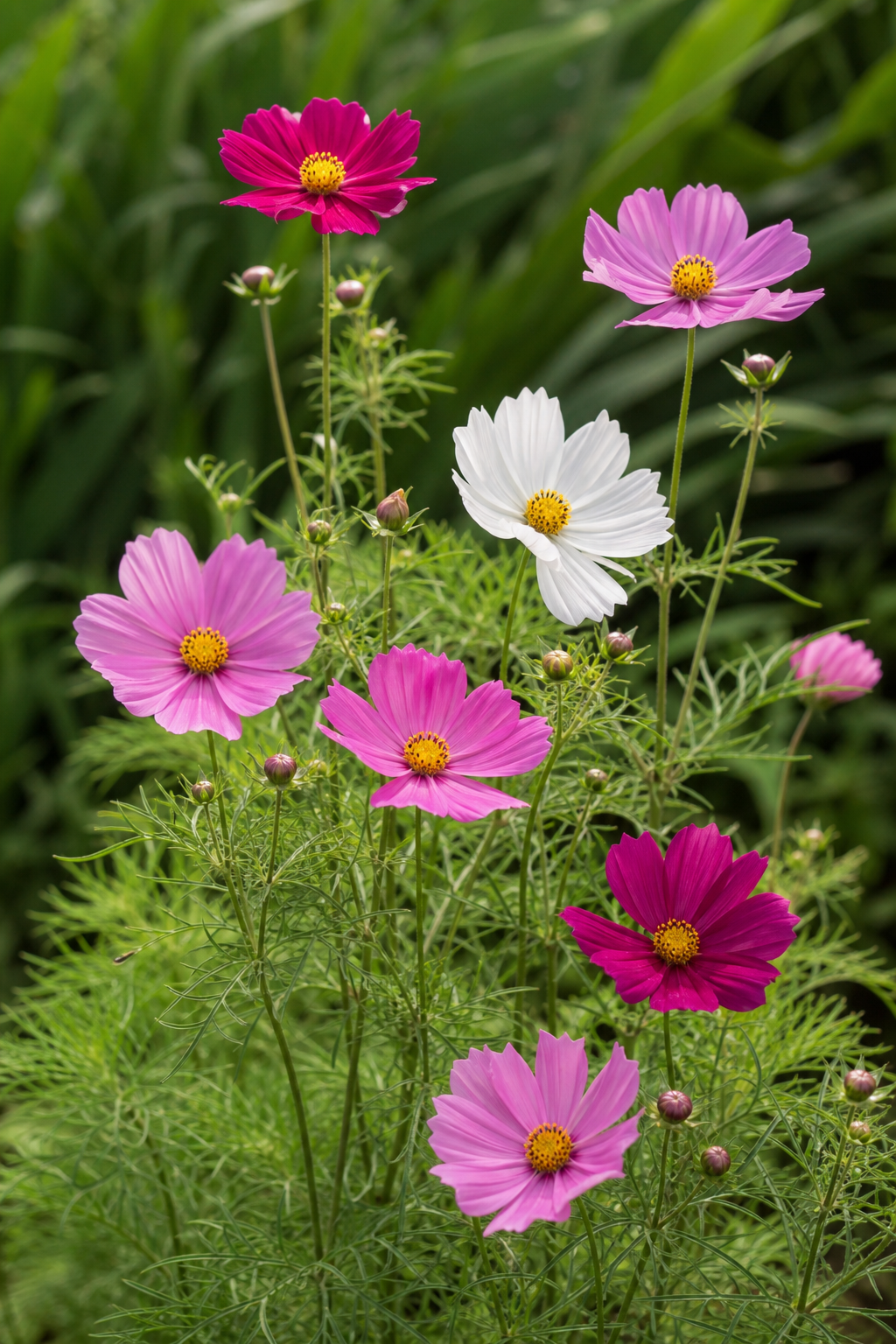 Flores rosadas, magenta y blancas de Cosmos bipinnatus entre hojas finamente divididas.