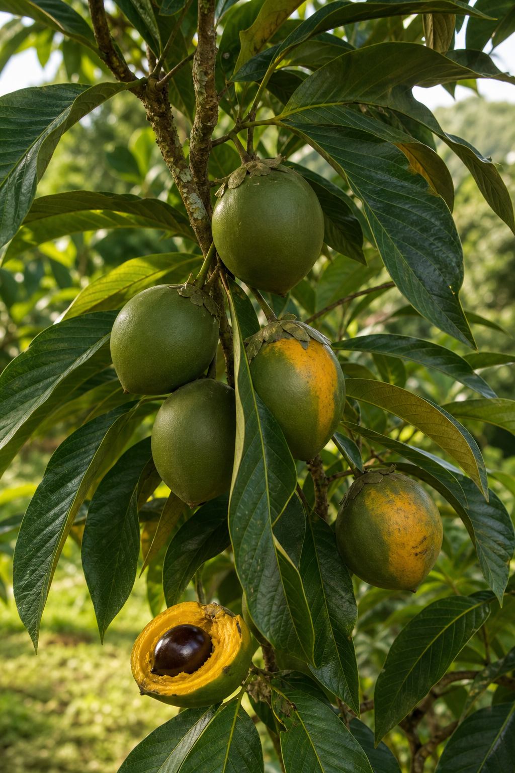 Frutos verdes de lúcuma en el árbol y un fruto abierto con pulpa amarilla y semilla oscura.