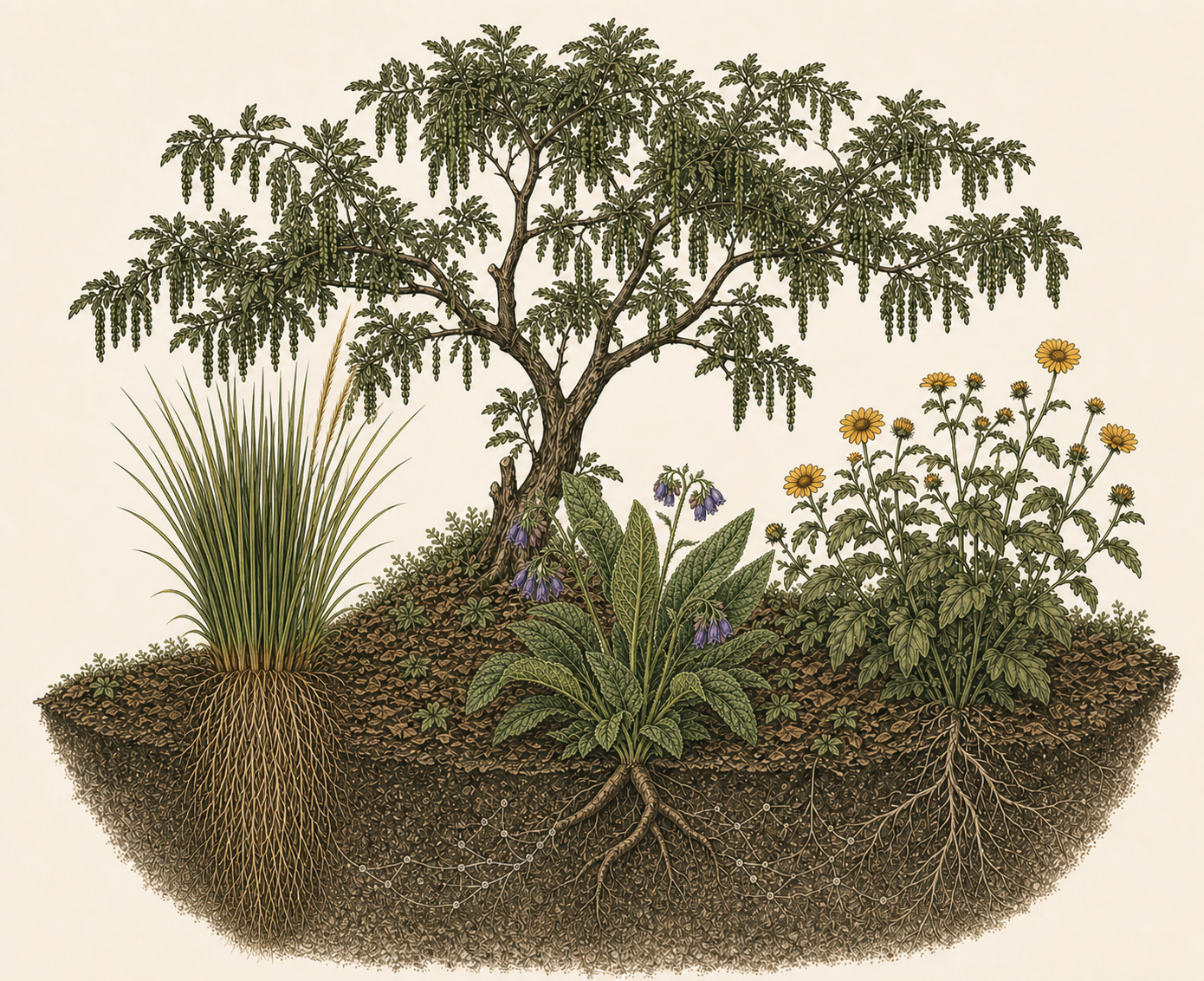 Ilustraci&oacute;n bot&aacute;nica del consorcio sintr&oacute;pico formado por guama, vetiver, consuelda rusa y titonia, con sus sistemas radiculares visibles.